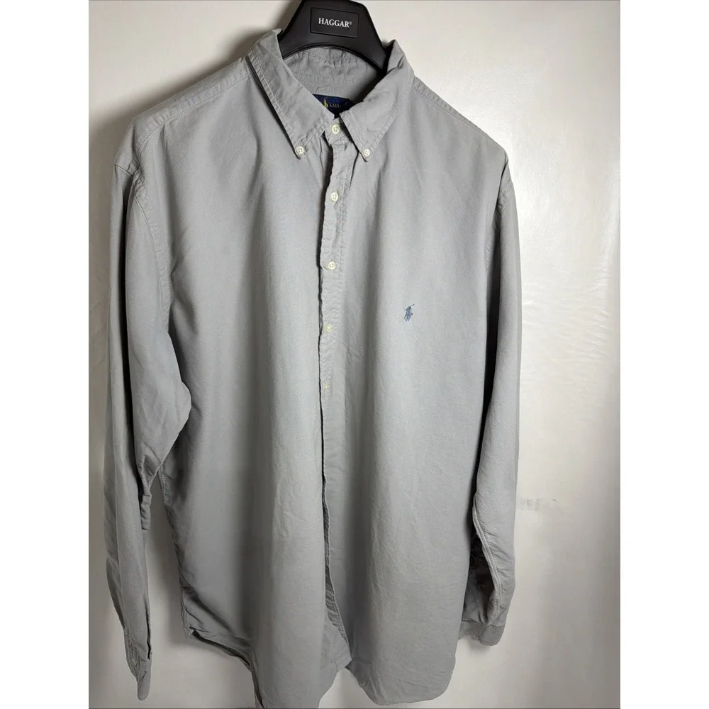 Vintage Ralph Lauren Button Down Shirt Men Gray Cotton Oxford Long Sleeve 2XL